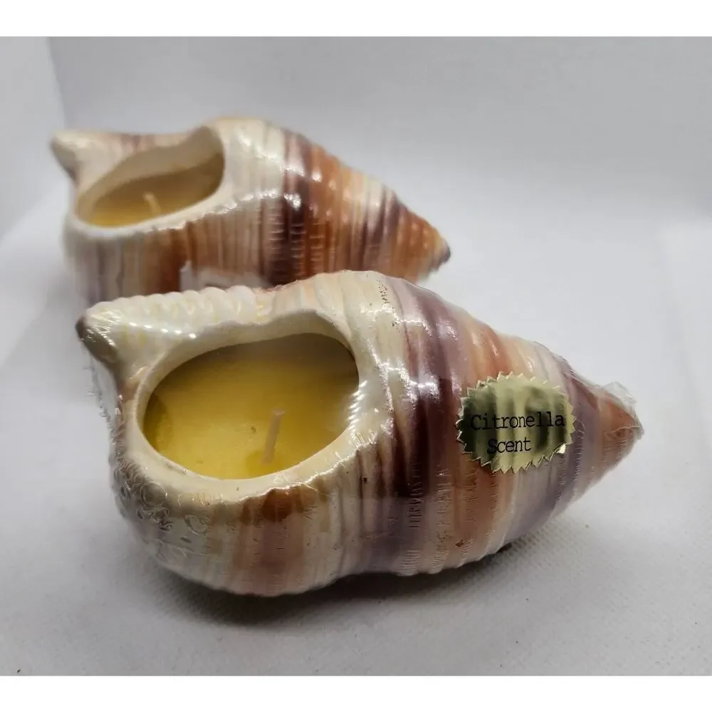 Set of 2 Citronella Scented Candles Ceramic Seashell Shell Decor New Wrapped